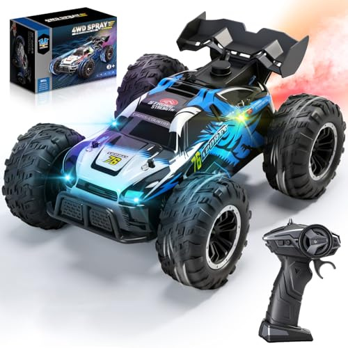 DEERC 1:16 4WD RC Car with LED Lights, Music & Spray, 2.4GHz Indoor Outdoor Off-Road Remote Control Vehicle with Dual Battery 40-Min Playtime, One-Click Demonstration Gift for Kids Boys Ages 5-12