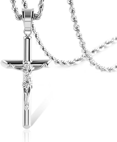 ALEXCRAFT Cross Necklace Men Silver Crucifix Necklace for Men Jesus Silver Cross Necklace for Men Cross St Christopher Necklaces for Women 55+5cm