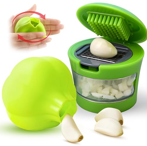 Garlic Press and Peeler Set, Silicone Garlic Peeler with Mincer Chopper, Manual Ginger Crusher, Convenient Crushing, Chopper, Masher for Kitchen (Set 3)