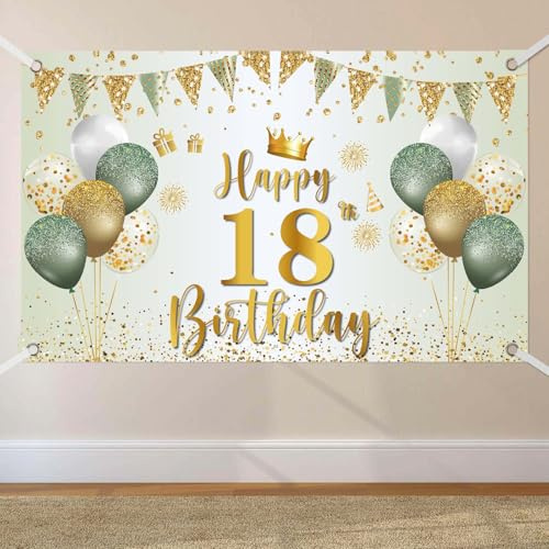 18. Geburtstag Banner, Banner 18 Geburtstag Mädchen Grün Gold, 180x110cm | Extra Große 18 Hintergrund Banners, Geburtstagsbanner 18. für Mädchen Junge Party Geburtstagsdeko