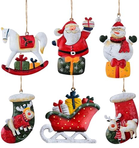 HERZWILD 6pcs Metallanhänger für den Weihnachtsbaum Weihnachten Anhänger Christbaumschmuck aus Metall - Schneemann, Weihnachtsmann,Socken, Weihnachtspferd und Weihnachtsschlitten (bunt-6pcs)