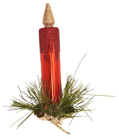 Krebs Glas Lauscha - Weihnachtsdekoration/Christbaumschmuck aus Glas - Kerze auf Clip mit Girlande - Farbe: Rot/Grün - Größe: ca. 11 cm
