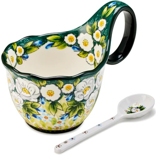Cteaffee Keramik-Suppentasse und Suppenschüssel mit Griffen – 530 ml Fassungsvermögen, inklusive Löffel, handbemalte, ideal für Suppen, Eiscreme, Eintöpfe und Snacks, mikrowellen (Grüner Jasmin)