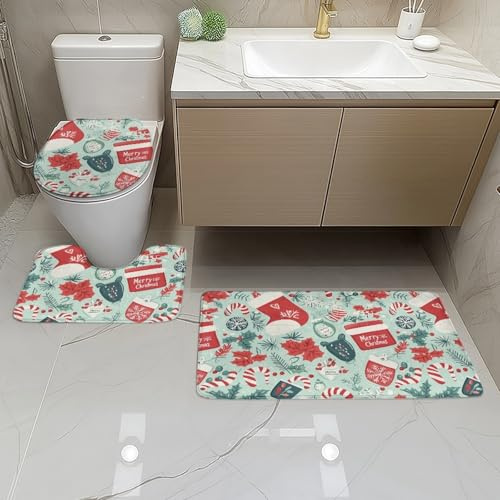 Badteppich Set Weihnachts Rote Socken Bad Vorleger Waschbar Teppich Badezimmer Badmatte rutschfest Badezimmerteppich WC Deckelbezug und WC Vorleger mit Ausschnitt 3 Teilig 45x75 cm