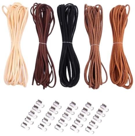 Leather Cord for Jewelry Making, 5 Colors 27.34 Total Yards Leather Strings with 100 Fastening Clips for Crafting Bracelets Necklaces