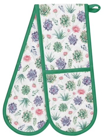 Succulents Oven Mitts Heat Resistant Green Double Oven Gloves with Loop Non-Slip Cute Succulents Design Cotton Gloves Extra Long for Kitchen Cooking Baking Barbecue Grilling