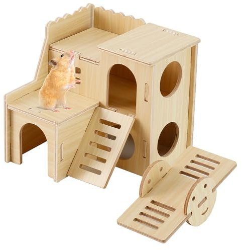 Accesorios de jaula de madera para hámster, casa de cobayas y balancín, cabaña de doble piso con tobogán, juguetes masticables para hámster para ratas de mascotas, plataforma de hámster para jerbos
