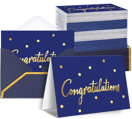 UZLU 200 PCS Congratulations Cards with Envelopes, 4x6 Inch Greeting Cards Gold Foil Letterpress Blank Congratulations Cards Bulk for Wedding Birthday Baby Shower Graduation Christmas New Year Blue