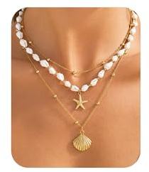 DAI JY Starfish Seashell Beach Summer Layered Necklaces for Women Non Tarnish Waterproof Gold Plated Pearl Necklace Stack Choker Paperclip Chain Ocean Trendy Vacation Jewellry