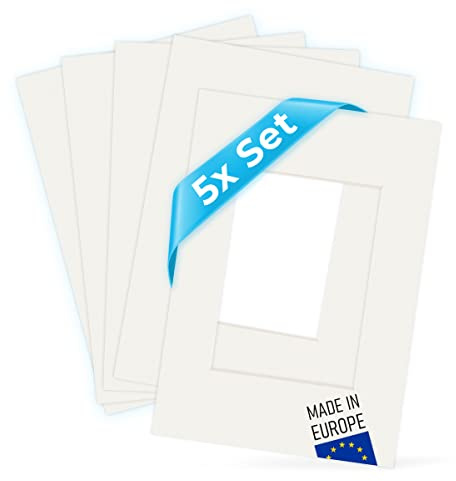 PHOTOLINI Passepartout A4 21x30 aussen für 13x18 innen, 5X säurefrei 1,5 mm Passepartout Karton Creme-Weiß, alterungsbeständige Schrägschnitt - Passepartouts, Präsentation & Schutz Bildern & Fotos