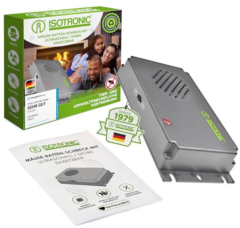 ISOTRONIC - Dissuasore a ultrasuoni per topi e ratti, repellente scaccia roditori, funzionamento a batteria, protezione mobile per giardino casa cantina e tetto piatto senza prodotti chimici