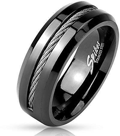 UrbanBijoux Bague Anneau pour Homme tungstène Massif laqué Noire câble Acier - 70