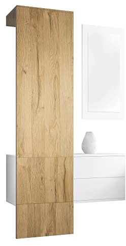 Vladon Garderobe Carlton Set 2, Made in Germany, Garderobenset bestehend aus 1 Garderobenpaneel, 1 Schubkastenschrank und 1 Wandspiegel, Weiß matt/Eiche Natur (105 x 193 x 35 cm)