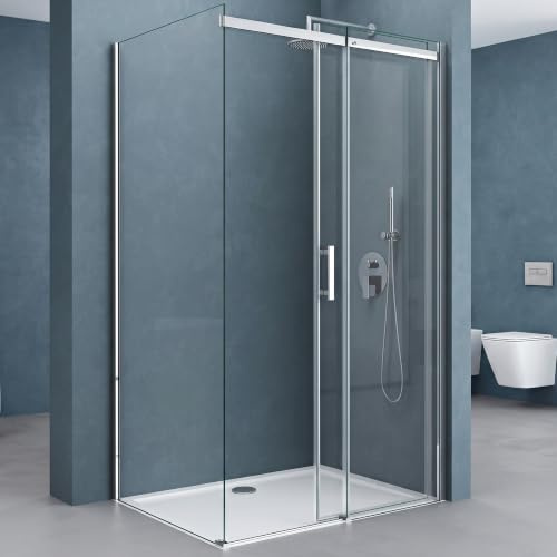 doporro Duschkabine 100x100x195cm Eck-Duschkabine mit Schiebetür Chrom | Duschabtrennung ESG-Sicherheitsglas Klarglas inkl. Easy-Clean-Beschichtung Einstieg links/rechts Ravenna18K