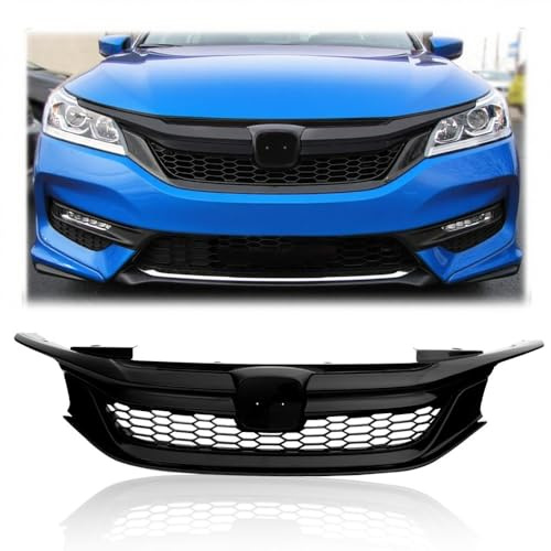 PIT66 Honeycomb Mesh Front Bumper Upper Grille Grill Compatible with 2016-2017 Honda Accord Sedan 4-Door Matte Black Parrilla (Not Fit Hybrid Models) 71121T2FA51, HO1200229