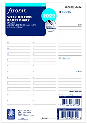 Filofax Terminplaner 2022, A5, 1 Woche auf 2 Seiten, Englisch.