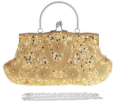 Clutch-Tasche im Vintage-Stil, florales Design, mit Perlen, glitzernd, für Abschlussball, Hochzeit, Abendtasche, Brauttasche für Frauen, Party-Handtasche, Gold-A