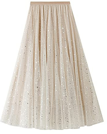 YILEEGOO Women's Tulle Skirt High Waist Tiered Layered Mesh Ballet Prom Party Tulle Tutu A-line Midi Skirt (Beige Glitter Stars, One Size)