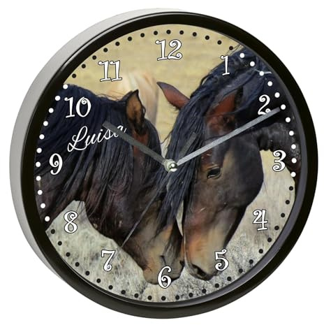 CreaDesign, Wanduhr für Kinderzimmer Paint Horses, Kinderuhr schwarz mit Quarz Uhrwerk, personalisiert mit Name, Durchmesser 19,5 cm