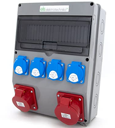 ELS Elektrotechnika Distribuidor de corriente para construcción, caja vacía, enchufes Schuko, 4 x 230 V, CEE 16 A y CEE 32 A, para reequipamiento con dispositivos modulares, cableado, para interior y
