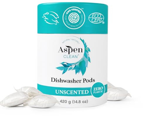 AspenClean Unscented Dishwasher Pods , 28 Count, Zero Plastic, Plant-Based Natural Dishwasher Detergent Pacs - Powerful Eco-Friendly, Pet & Baby Safe, EWG Verified™ & A Rated