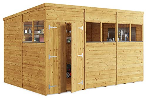 BillyOh 12x8 Switch Pent Log Cabin Wooden Garden Shed | 28x28 Framing Garden Storage Shed with Customizable Doors & Windows, Overlap Cladded Walls, Green Mineral Roof Felt | Versatile Outdoor Storage