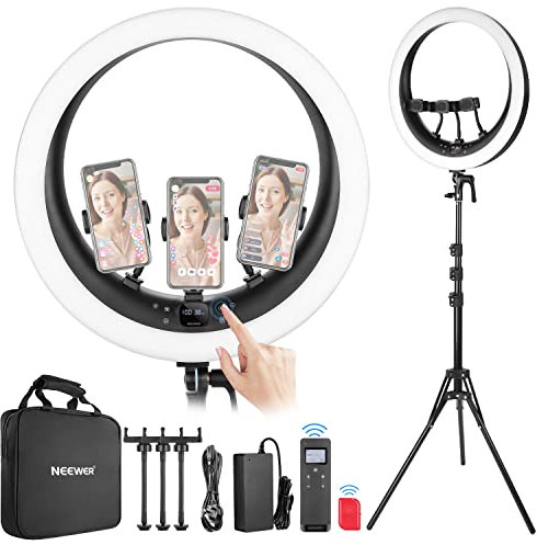 NEEWER Ring Light RP19H 19 inch with Tripod Stand 3 Phone Holders Compatible with iPhone, Upgraded 2.4G Touch Control Ringlight for Video Recording Streaming Home Office Zoom Selfie Makeup Lighting