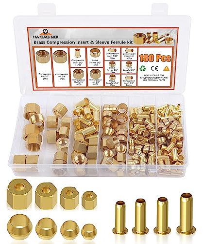 180PCS Compression Fittings Assortment kit - 4 Sizes (1/4, 3/8, 5/16, 1/2) of Brass Compression Sleeve Ferrule, Insert and Nuts - Used to Connect Lines for air,Water,Fuel,Oil and inert Gases
