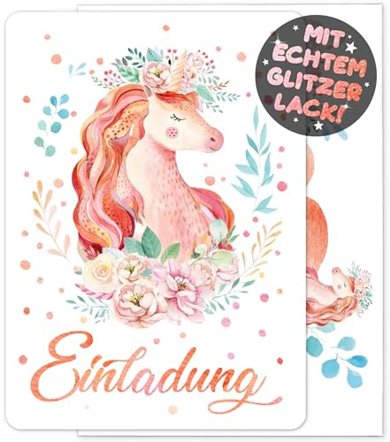 12x GLITZER Einhorn EINLADUNGSKARTEN KINDERGEBURTSTAG Mädchen Junge + 12x Umschläge - die Regenbogen PARTY Karten sind die Einhorn EINLADUNG für Mädchen Kinder GEBURTSTAG Einladung Pferde UNICORN