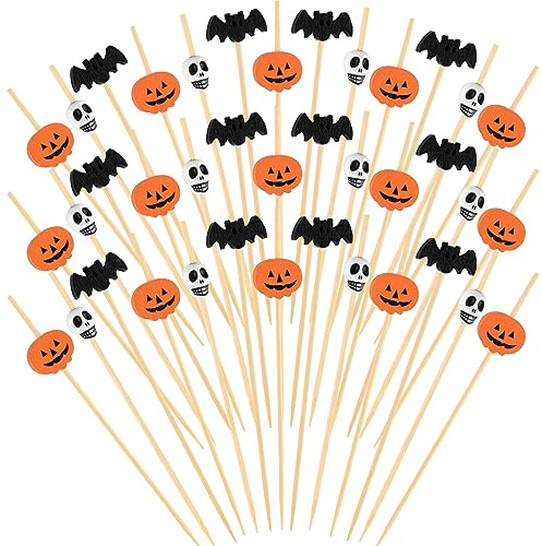 ASTARON 150 Pcs Pumpkin Skull Halloween Cocktail Picks for Appetizer Fruit | Halloween Party Supplies,Wooden Bats and Skull Cocktail Picks 4.7 in, Appetizer Picks,Fruit Forks for Halloween Decorations