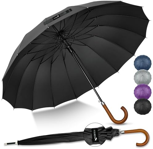 ZOMAKE Stick Umbrella Wood Handle,Cane Walking Classic Umbrellas for Men Women,16 Ribs Stick,55 Inch(Black)