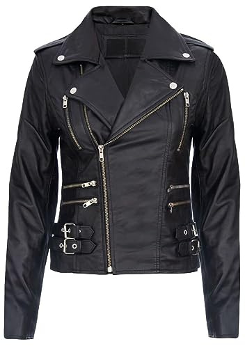 Women's Black Retro 100% Nappa Real Leather Biker Jacket Soft Multi Zip Coat (M)