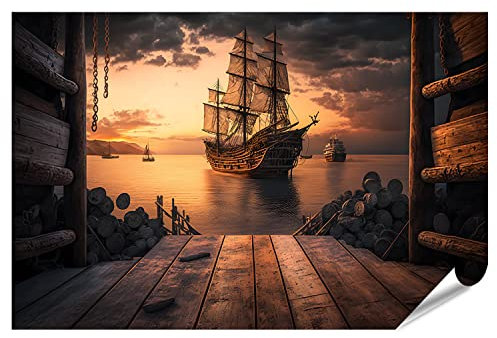 islandburner Prime Bild Poster Piratenschiff im Hafen mit Blick auf alte Segelschiffe Meer Sonnenunte Premium Bilder Fotodruck