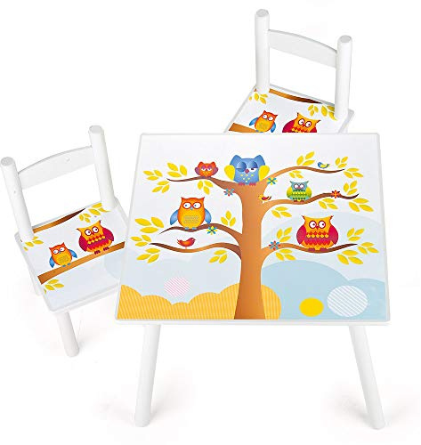 Leomark barnbord med 2 stolar 60x60x42(H) cm, barnbord med stolar trä, barnbord och stolar perfekt för hem och dagis, barnstolar, bord i stol set, barnmöbler med UV-utskrift Ugglor