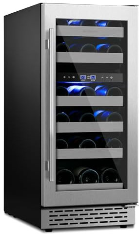 VINECOLD - Refrigerador de vino de 15 pulgadas, capacidad de botella de doble zona, 28, puertas reversibles sin costuras, estantes de acero inoxidable, enfriador de vino integrado o no empotrado para