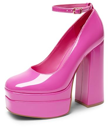 DREAM PAIRS Escarpins à talons hauts et bout fermé pour femme - Bout carré - Sangle de cheville - Chaussures tendance Y2K, Rose vif, 36 EU