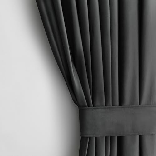 RESTILO Set Vorhang H 270 x B 140 cm mit Raffhalter 54 x 10 cm Optik Velvet | Anthrazit 1 St. Kräuselband Wellenband Samt Halbverdunkelungsvorhang Fensterdekoration Dekoschal Dekorvorhang