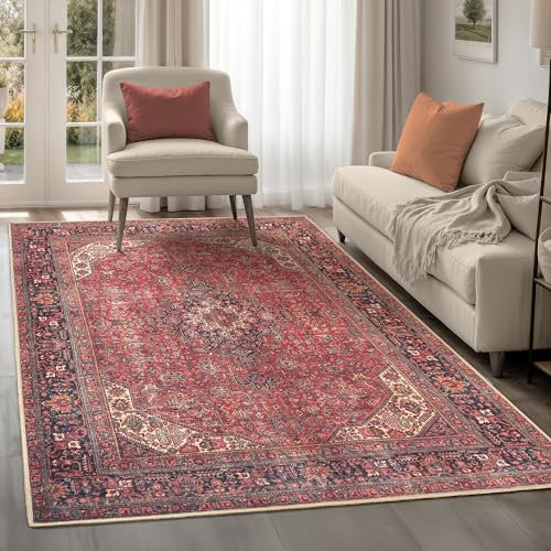 artyrugs Machine Washable Rug, 122x170cm, 75% Recycled Cotton, Short Pile, Non-Slip Backing, Non-Shedding, Suitable for Living Room, Bedroom, Kitchen, Hallway, Office, Aesthetic Crimson Red