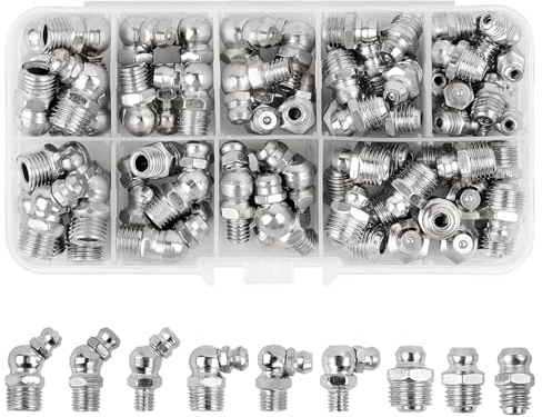 DesertBoy Set di Ingrassatori, 75 Pezzi Grasso Raccordo Assortimento M6 M8 M10, Set di Ingrassatore, Ingrassatori Testine 45° 90° 180°, Raccordo per Ingrassatore in Metallo, con Scatola Portaoggetti