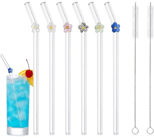 6Pcs Strohhalme Glas Wiederverwendbar, Trinkhalme Glas Gebogen mit Reinigungsbürsten für Säfte, Wiederverwendbare Glas Strohhalme mit Bunten Blumen, für Cocktail Strohhalme (6-Flower)
