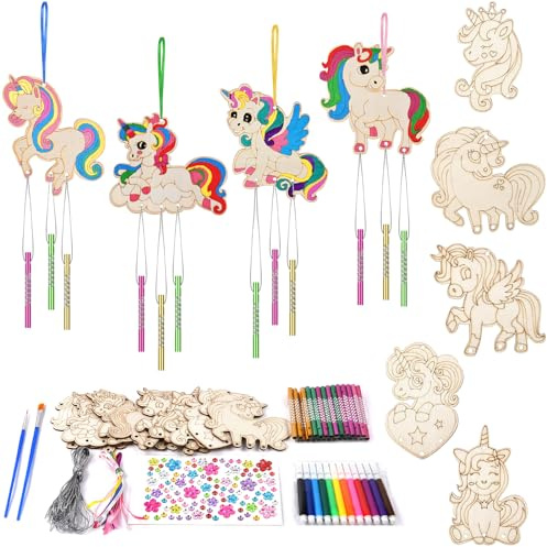 Ainiv 9 Pack Unicorn Wind Chime Crafts, DIY Paint Wooden Windchimes, Unicorn Decorative Wind Chime Craft Set, Wooden DIY Arts and Crafts for Gifts Crafting Party Activities