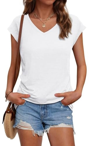 Suncife Damen-T-Shirt, Sommer, lockere Passform, Flügelärmel, V-Ausschnitt, T-Shirt, weiß, XXL