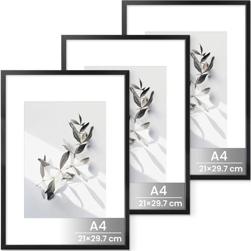 Bilderrahmen A4 Schwarz, Aluminium A4 Fotorahmen Für 21x29,7 cm-Fotos ohne Passepartout oder 13,9x20 cm-Fotos mit Passepartout, Metall Rahmen Mit gehärtetem Glas Für Zertifikaten, Poster, 3 Packs