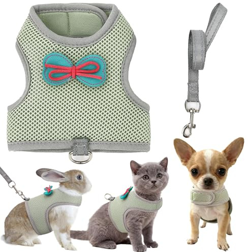 AIITLE Ensemble harnais et laisse pour lapin avec nœud mignon, harnais réglable anti-fugue pour lapins, chatons, furets, chiots et petits animaux de compagnie, pour promenade, randonnée, camping,