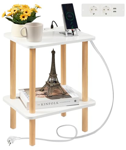 FORAOFUR Beistelltisch Holz, Beistelltisch klein mit Ladestation, Nachttisch klein, 2 Ebenen Telefontisch für Wohnzimmer, Schlafzimmer, Büro, H42xT32xB54cm, einfache Montage, schwarz, weiß