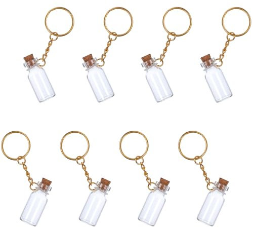 MBAIYO 8 mini bottiglie di vetro da 3 ml, piccole bottiglie di vetro con coperchio in sughero e portachiavi, barattoli trasparenti per incantesimi con coperchio, per fai da te, messaggi, barattoli in