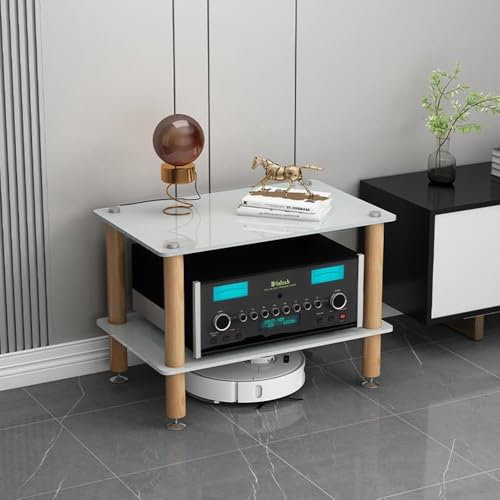 HiFi-Regale, 3/4-stöckig, Medien-Aufbewahrungsschrank, Audio-Regale, gehärtetes Glas, stoßdämpfende, solide Holzbeine für Audio-Schränke (Größe: 2 Etagen, Farbe: Weiß)