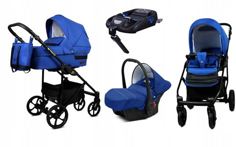 BabyLux® Kinderwagen Set 4 in 1 - Trailux - Sapphire - incl. Babywanne, Buggy Sportsitz, Auto-Babyschale, Basisstation - Autositz - Kinderwagenset - Kombikinderwagen mit Wickeltasche usw.