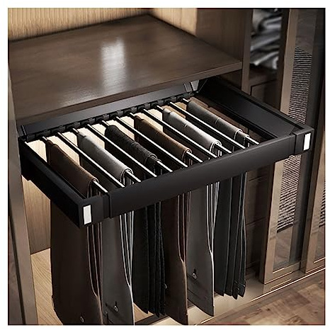 Porte-Pantalons Extractible pour Placard, Porte-Pantalons rétractable pour Armoire Porte-Jeans pour Armoire d'une Largeur intérieure de 60~85 cm, Montage Mural Porte Pantalon Coulissant, Noir