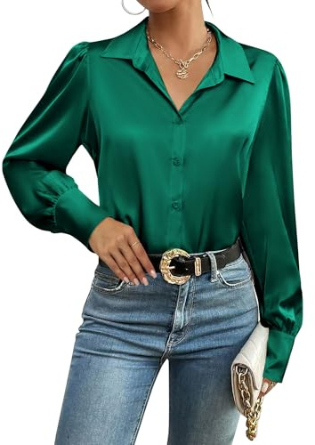 Zeagoo Button Up Shirts for Women Dressy Casual Silk Blouse Long Sleeve Business Tops Green